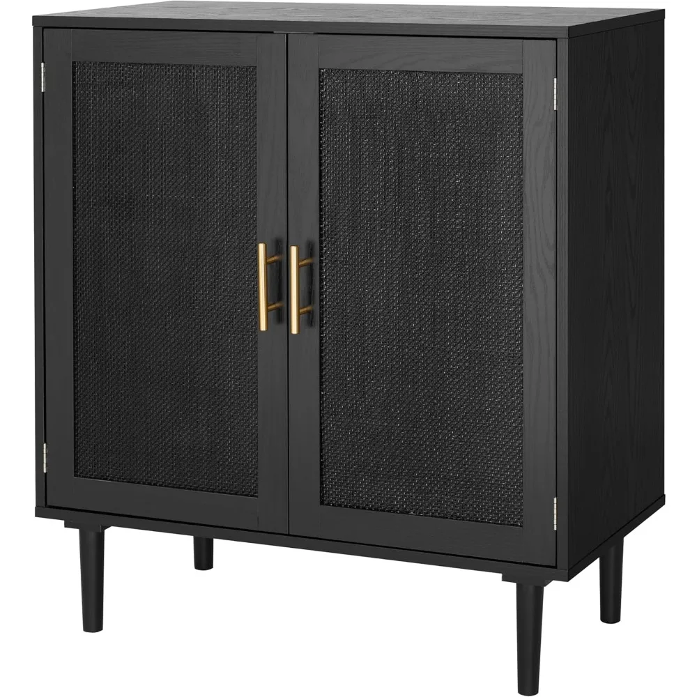 Kitchen Storage Cabinet with Black Painted Rattan Doors for Dining and Hallway Use