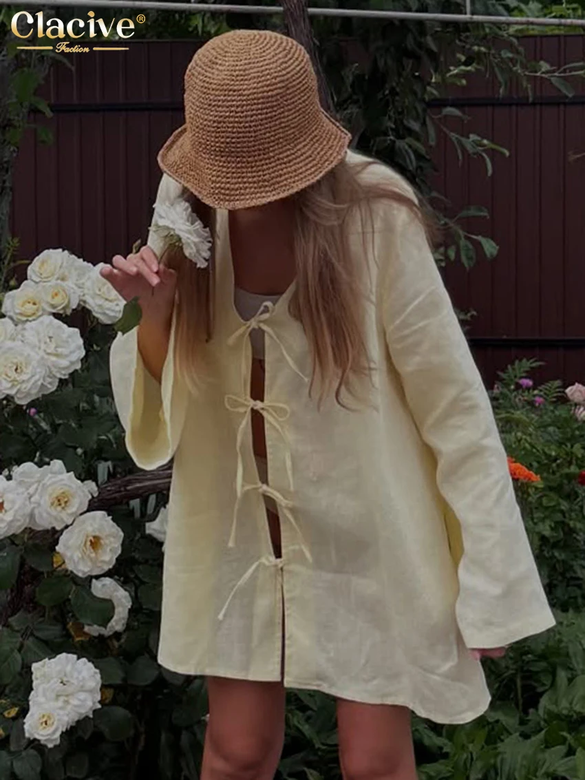 

Clacive сексуальная свободная желтая хлопковая женская рубашка 2025 модная блузка с v-образным вырезом и длинными рукавами элегантный классический топ на шнуровке женская одежда