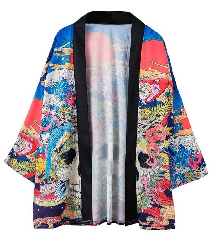 Men's Japanese‑Style Haori Kimono Open‑Front Cardigan, Samurai Cat & Skull Snake Ukiyo‑e Print Casual Outerwear
