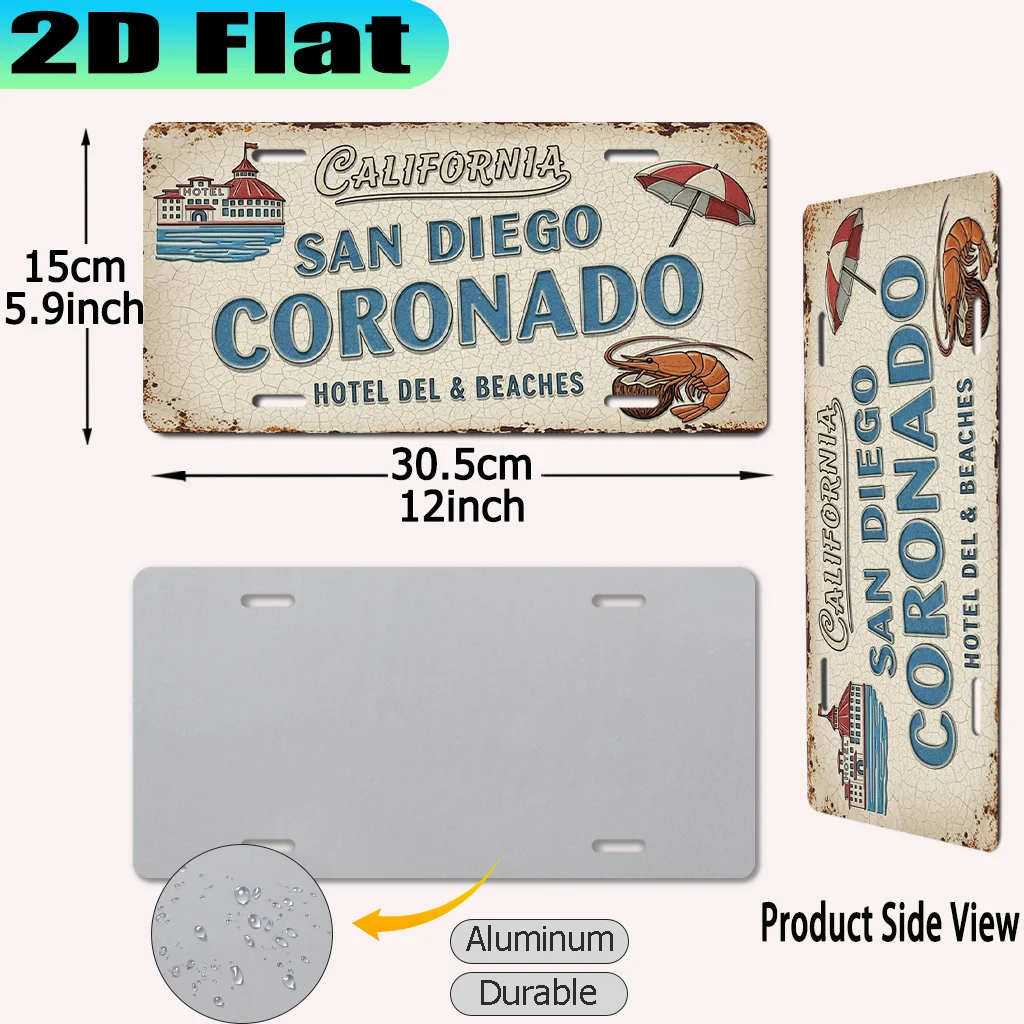 2D Flat, [2D Flat] 1pc, USA California San Diego Coronado Hotel and Beaches Vintage Aluminum Sign (30.48 X 15.24cm), for Decorat