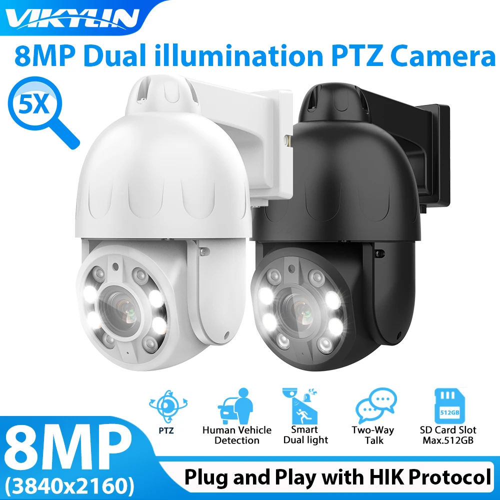 Vikylin 8MP 4K PTZ IP Security Camera 5X Zoom Full Color for Hikvision Protocol POE Audio 512GB SD Human Vehicle Detect Dome Cam