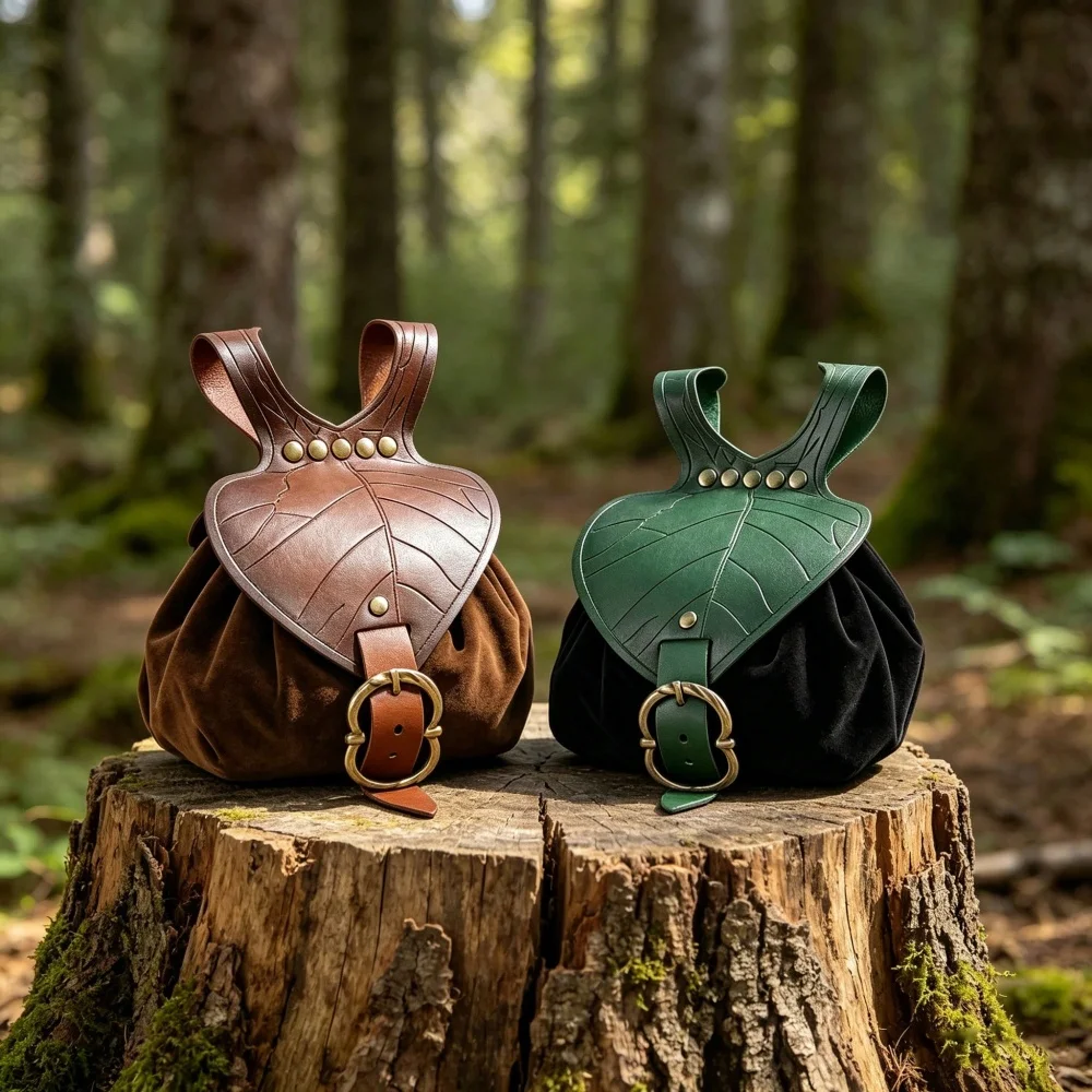 1pc Medieval Waist Bag, Renaissance Festival PU Leather Coin Purse, Elf Leaf Shaped Fanny Pack, Drawstring Pouch, Suitable For T