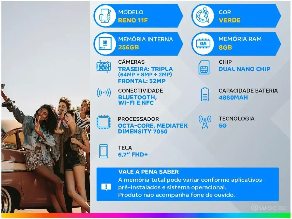 Smartphone OPPO Reno 11F 256GB Green 5G 8GB RAM 6,7 "Camera. Triple + Selfie 32MP Dual Chip