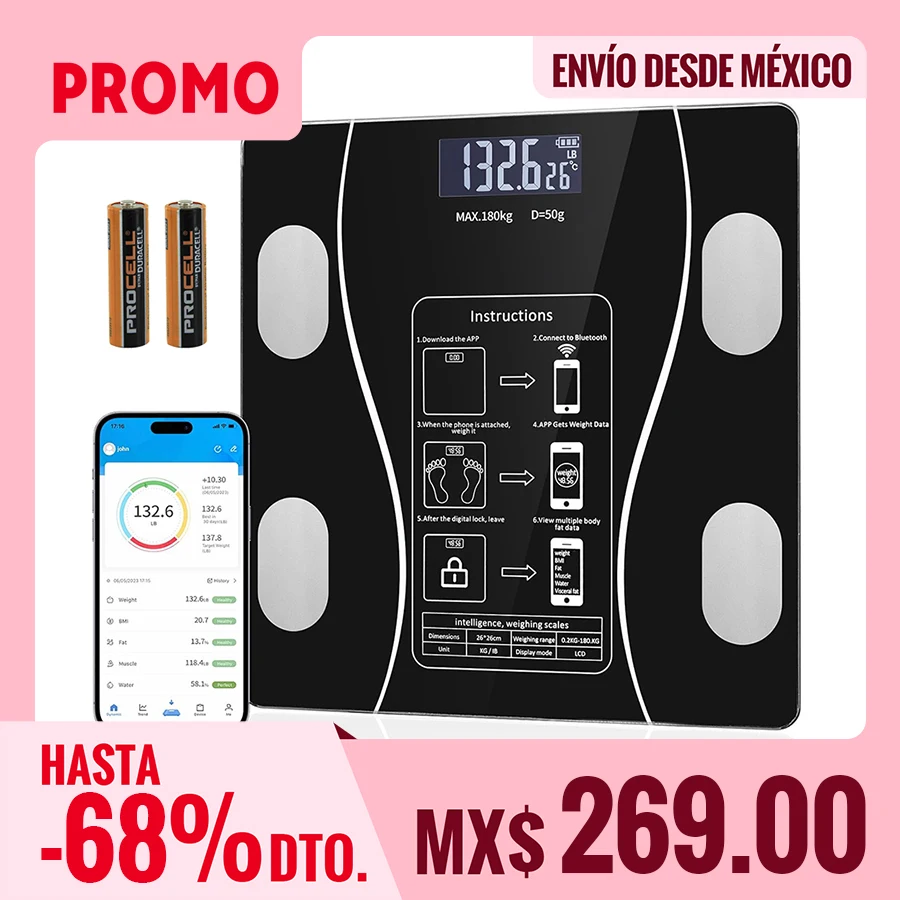 Báscula inteligente de grasa corporal con Pantalla LED - báscula de baño digital con bluetooth, medición precisa de la composición corporal, masa muscular, IMC y análisis de agua corporal