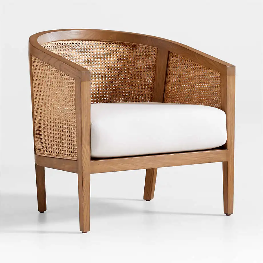 Traditional Chair Made From Solid Teak Wood Frame And Woven Rattan With Thick Padding And Walnut