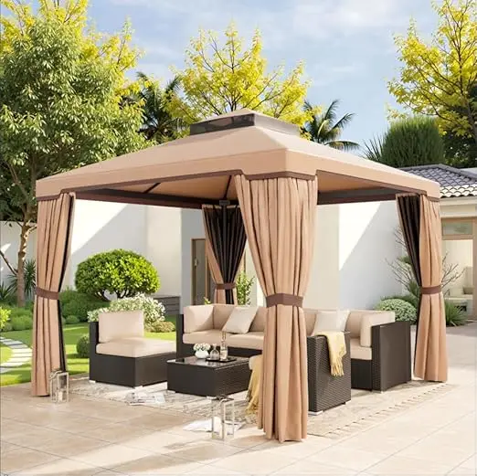 10 x 10 FT Outdoor Gazebo for Patio Iron Frame Garden Permanent Gazebo with Vented Soft and Mosquito Netting, Khaki