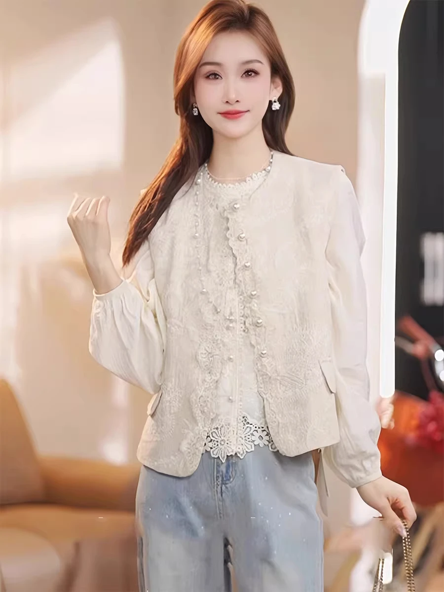 

Новый китайский модный женский комплект: жилет и рубашка с вышивкой и кружевом, многослойная верхняя одежда с длинными рукавами для весны и лета