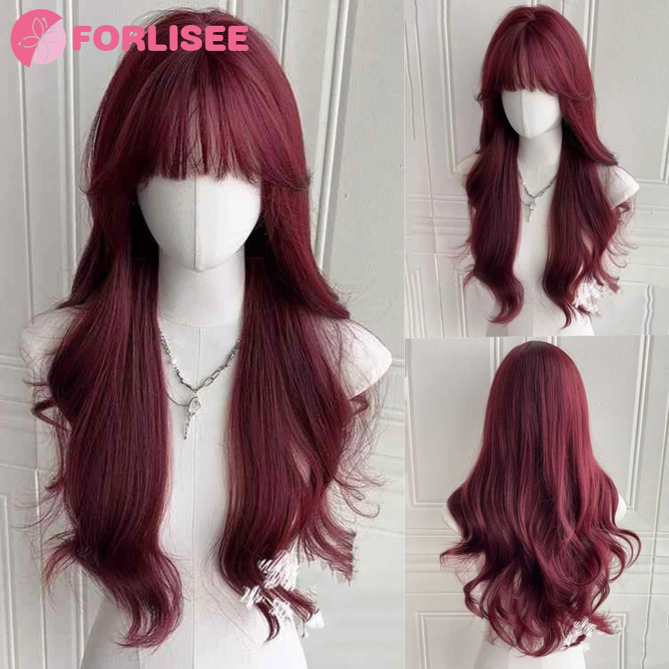 

24Inch Raspberry Red Wig Long Curly Synthetic Wig for Women Fashion Wig for for Daily Halloween Costume Party Cosplay ﻿