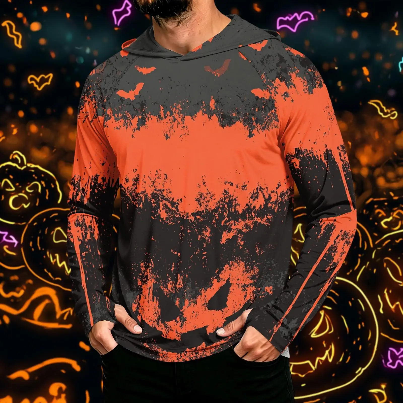 Men Halloween 3D Print Hooded Long Sleeve T‑shirt Stitched Patchwork Pumpkin Spider Bat Graphic Pullover Tops