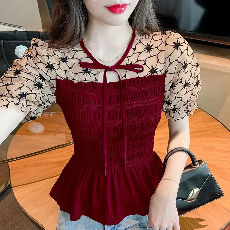 2024 Summer New Korean Stylish Puff Sleeve Blouse Classic Contrast Color Spliced Collect Waist Slim Age Reduction All-match Tops