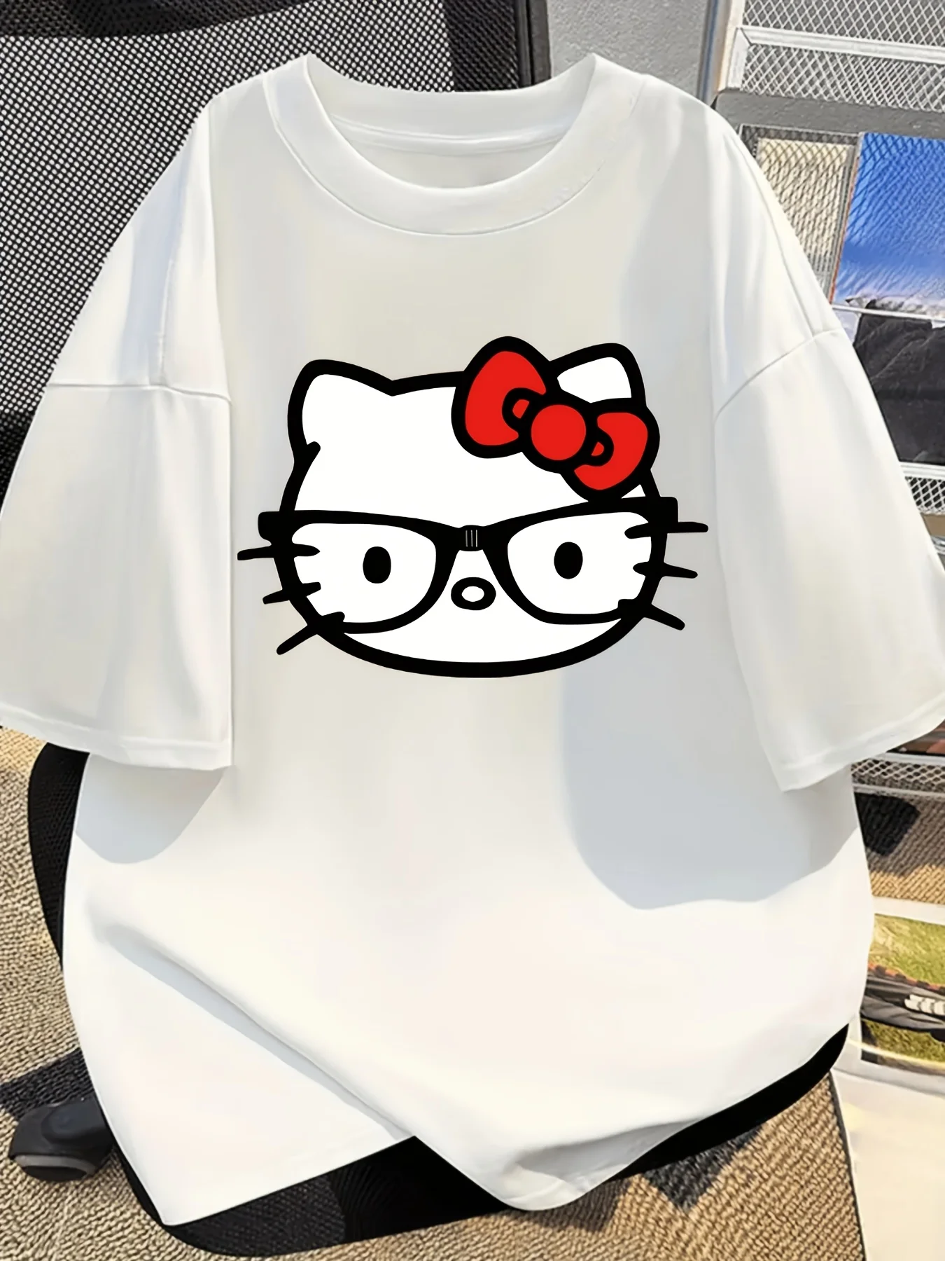 

Sanrio for Hello Kitty Graphic T-Shirt Black Casual Crew Neck with Red Bow Glasses Design All-Season Knit Tee for Women