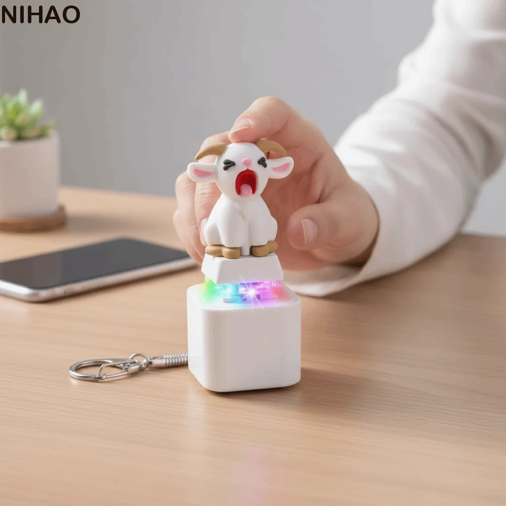 Rechargeable Screaming Goat Key Chain Sound-Effect LED-Glowing Mechanical Key Cap Cartoon Cat Anti-Stress Sounding Key Ring