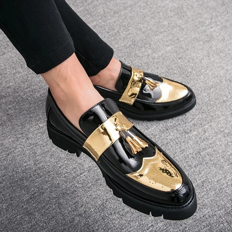 

Golden Men's Casual Slip-On Tassel Patent Loafers Thick Bottom Elevator Shoes Fashion Men's Party Shoes Business Shoes Brogue