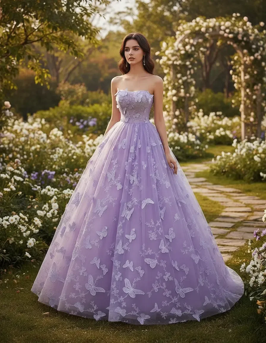 Strapless Lavender 3D Butterfly Tulle Ball Gown Evening Dress Quinceanera Prom Party Formal Dress for Stage Performance