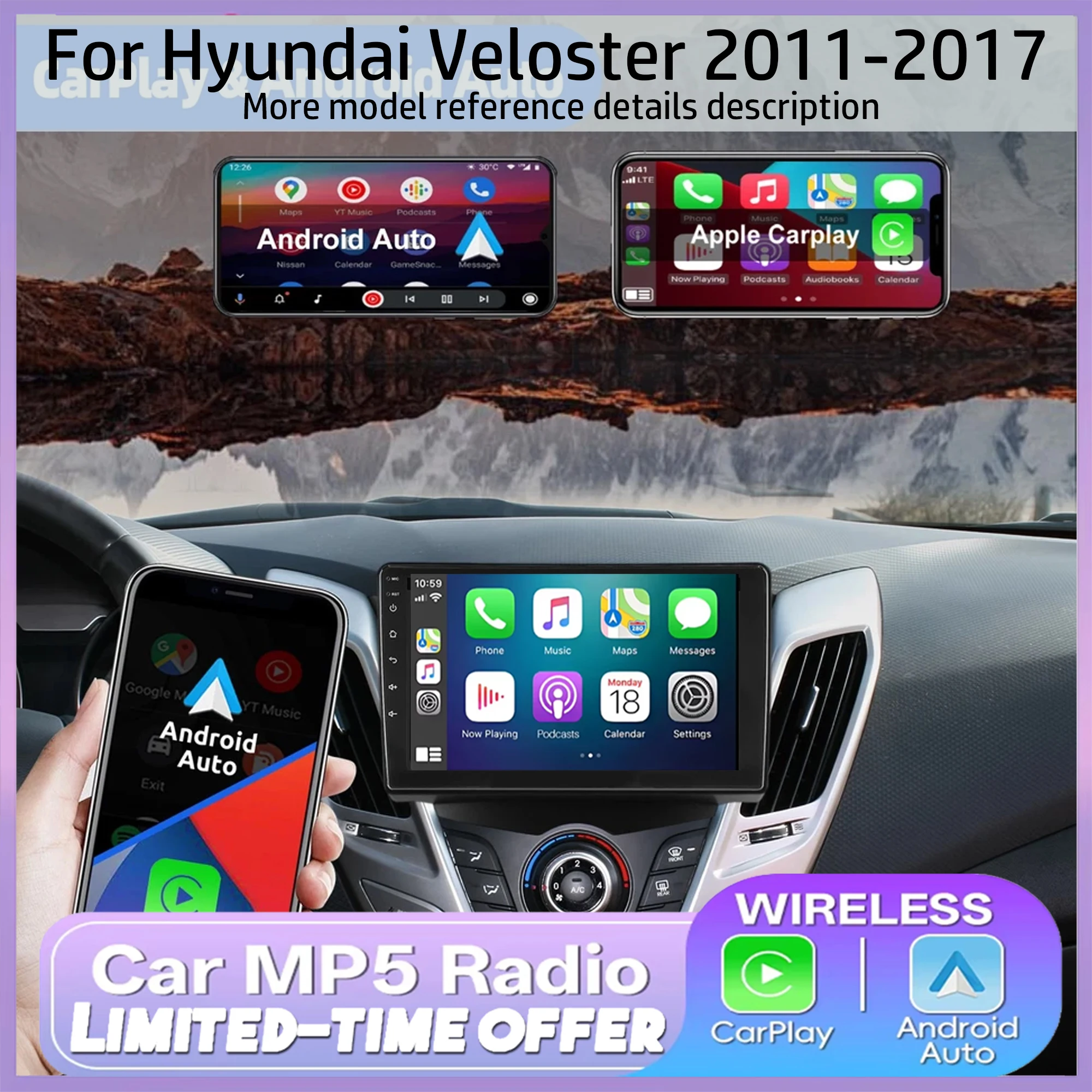 Car GPS Navi 9''Stereo Radio for Hyundai Veloster 2011-2017 with Carplay Android Auto 4+64GB Android15 Car Multimedia Player Car Intelligent System