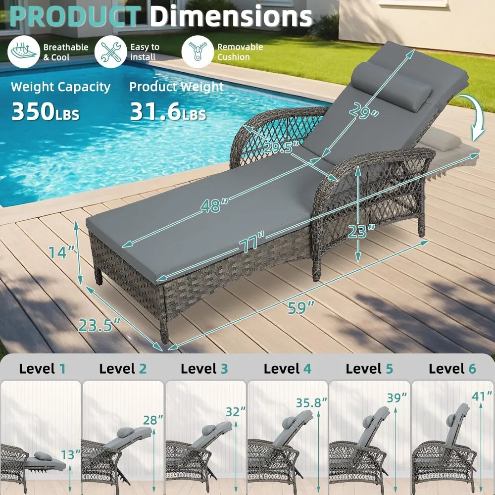Outdoor Wicker Chaise Lounge Chair Set of 2, 77