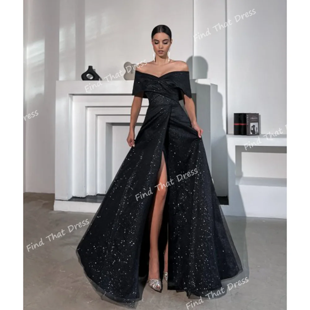 

Выполненное на заказ черное блестящее вечернее платье трапециевидной формы с открытыми плечами и блестками спереди, с разрезом на спине, длиной до пола, платье для выпускного вечера с боковым разрезом