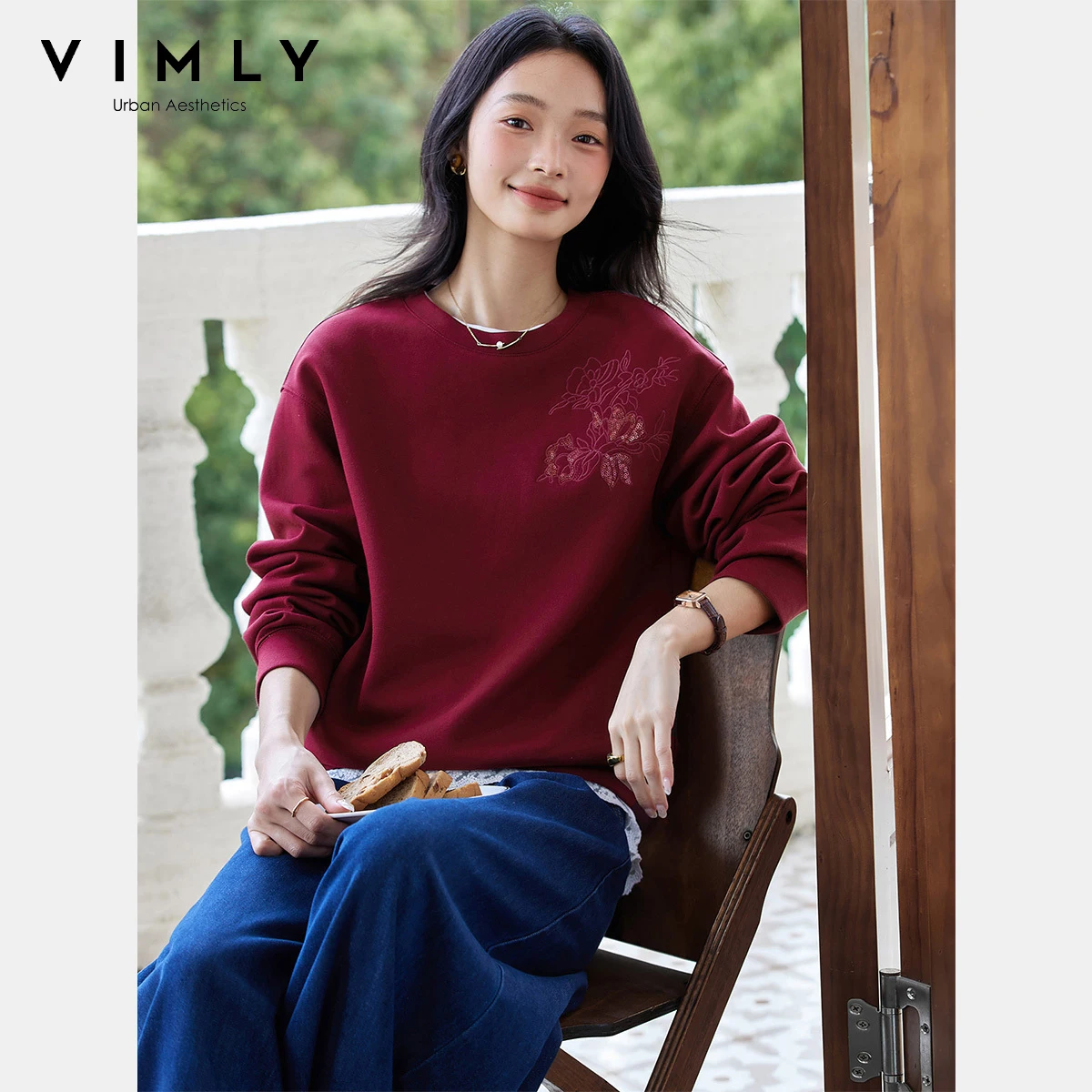 VIMLY Sweatshirts Women Knitted Bead Embroider Casual Crew Neck Loose Tops Ladies Long Sleeve Female Sweater Autumn 2025 A2171