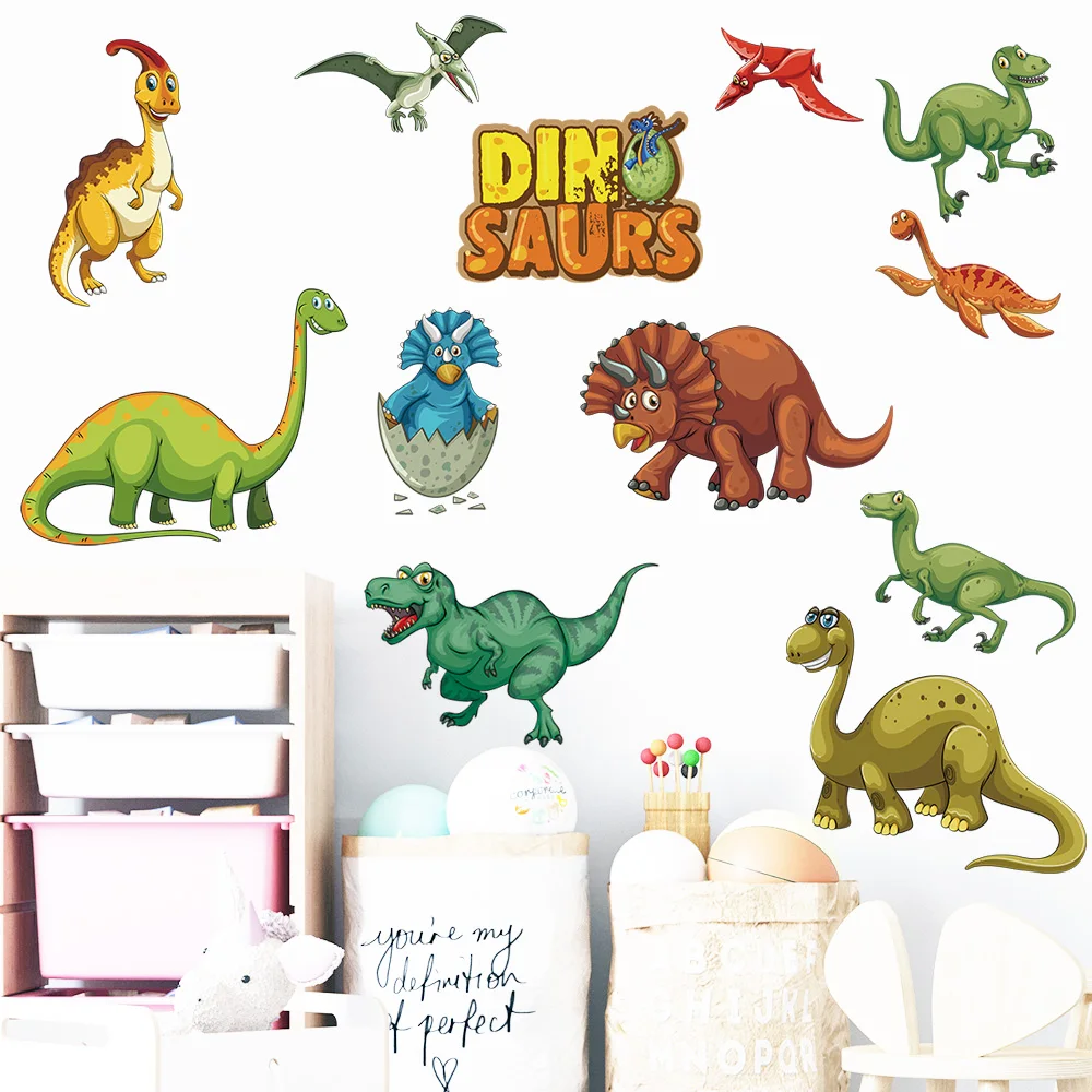 Large Cartoon Wild Dinos Dinosaur Wall Stickers for Nursery Bedroom Decor Study Room Decals Removable PVC Self-adhesive Murals