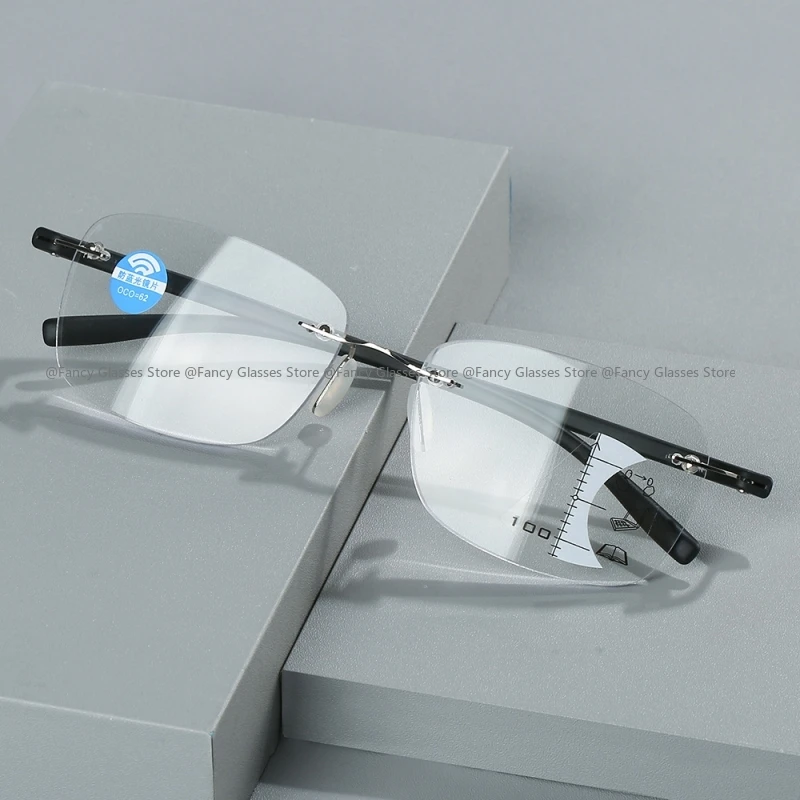 Unisex Square Progressive Multifocal Glasses Men Women Trendy Rimless Reading Glasses Vintage Blue Light Blcoking Eyeglasses