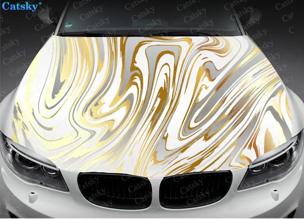 Golden Luxury Marble Car Hood Vinyl Stickers Wrap Vinyl Film Engine Cover Decals Sticker Universal Car Hood Protective Film