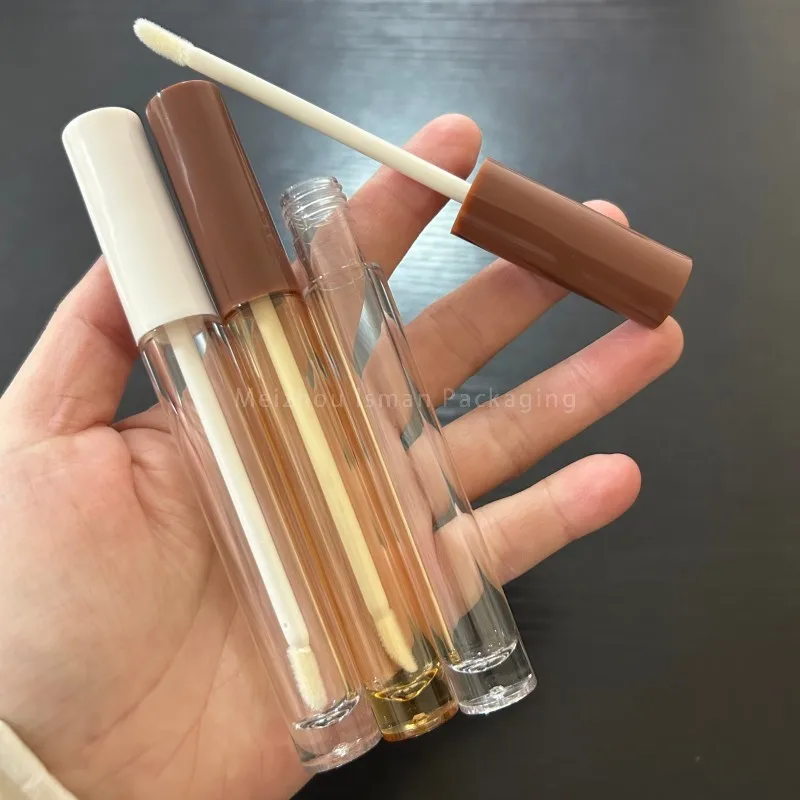 

50Pcs Empty Round Silm Brown White Lipgloss Tubes 5ml Long Lip Gloss Containers Liquid Lipstick Tube with Wands Brush