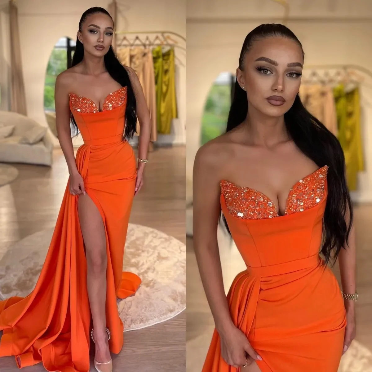 Robe de Bal Orange Élégante Personnalisée avec Paillettes, Tenue de Soirée Fendue