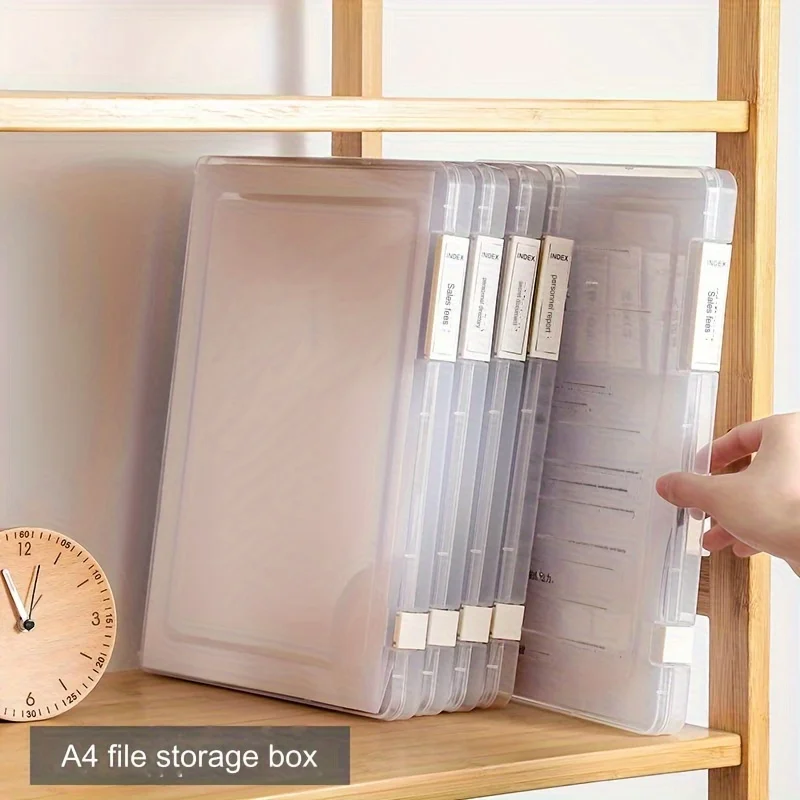 1pc A4 File Storage Box Waterproof And Dustproof Document Data Box Transparent Double Snap Plastic File Box
