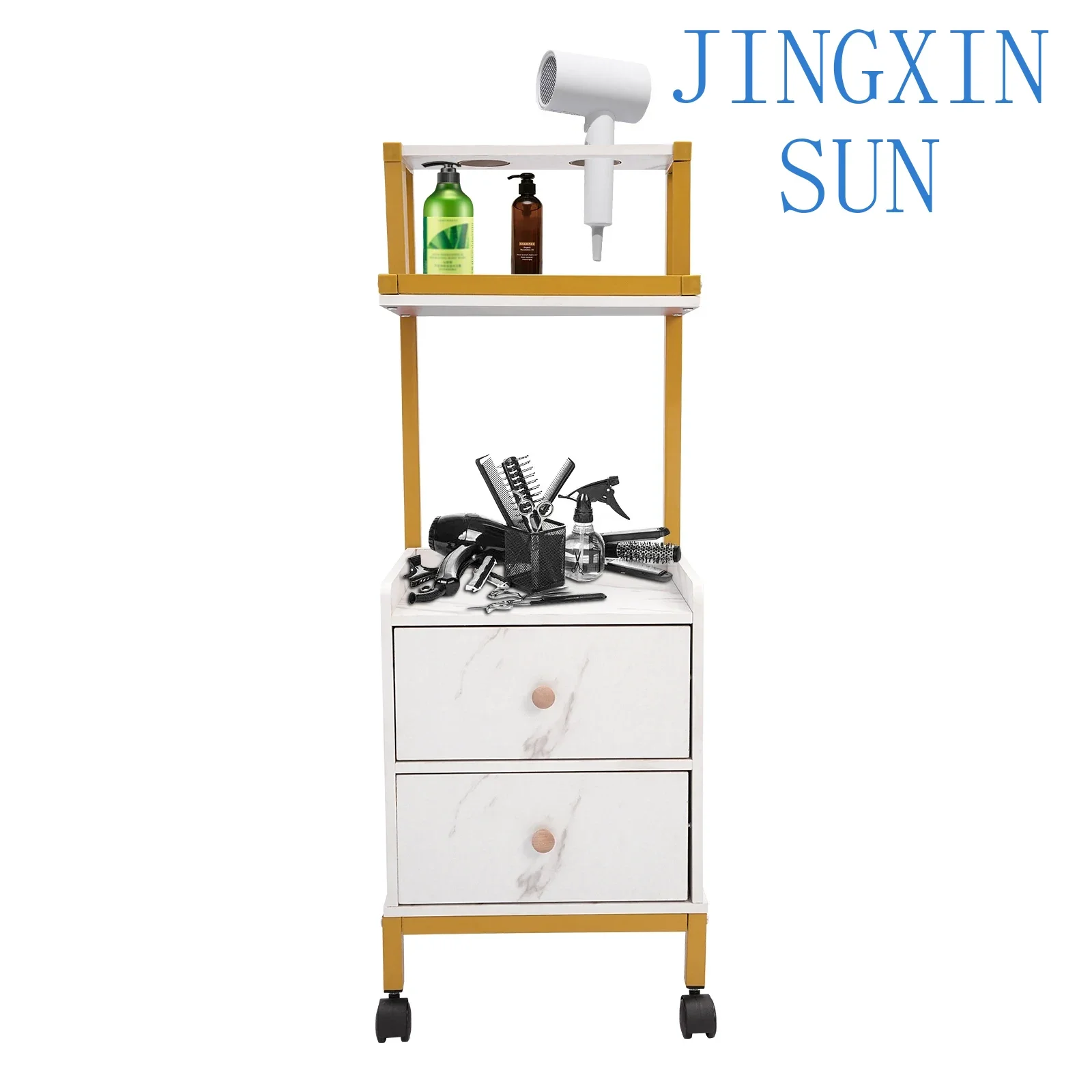 Salon Trolley with Wheels Rolling Barber Cart with Drawers Marbled Board for Beauty Salon Metal Frame Tool Holders