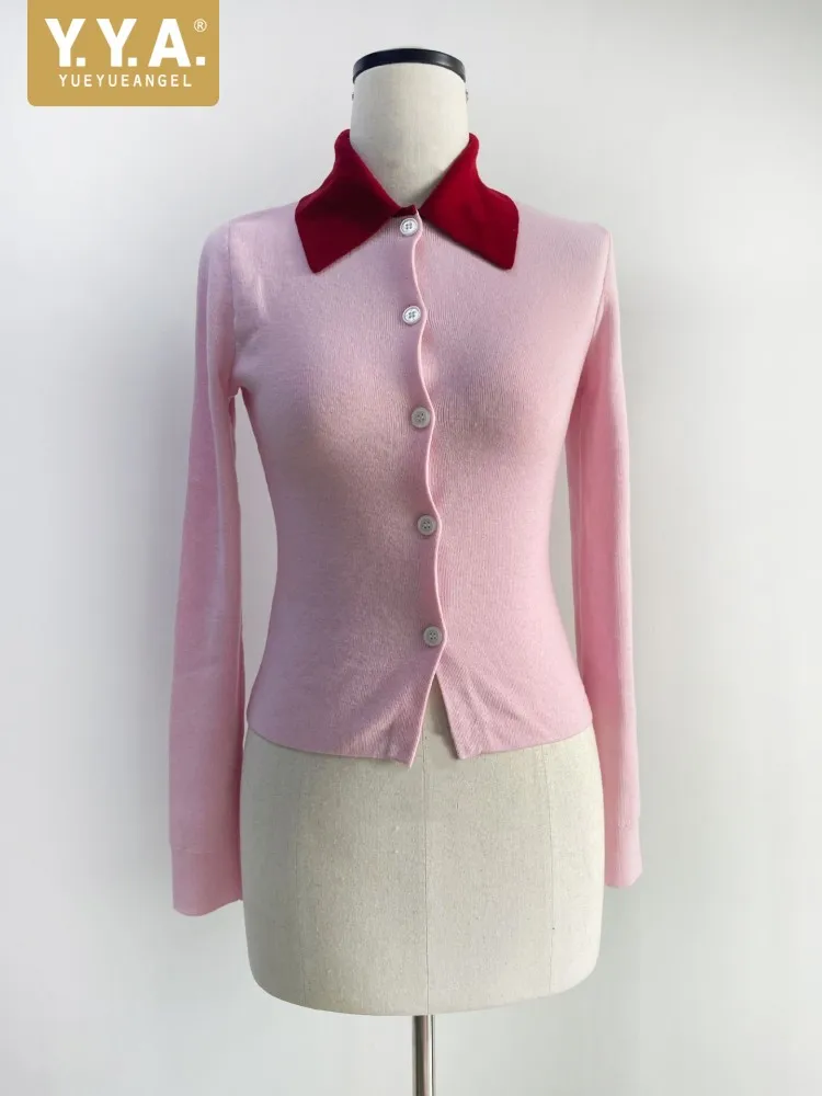 

Women Spring Long Sleeve Turndown Collar Mixed Colors Slim Fit Knitted Tops Single Breasted Fashion Ladies Casual Sweet Sweater