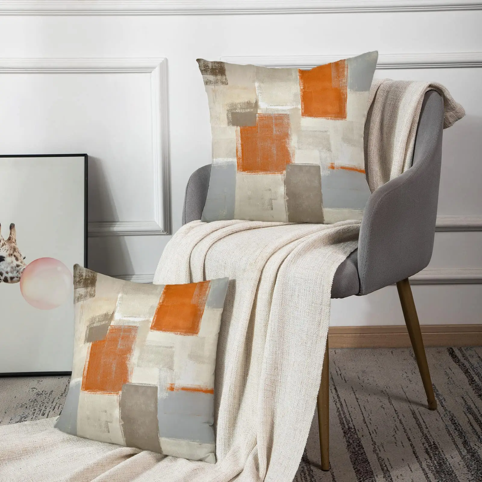 Modern Abstract Painting Throw Pillow Covers, Decorative Pillow Cases, Orange, Beige and Grey, Set of 2, Home Decor