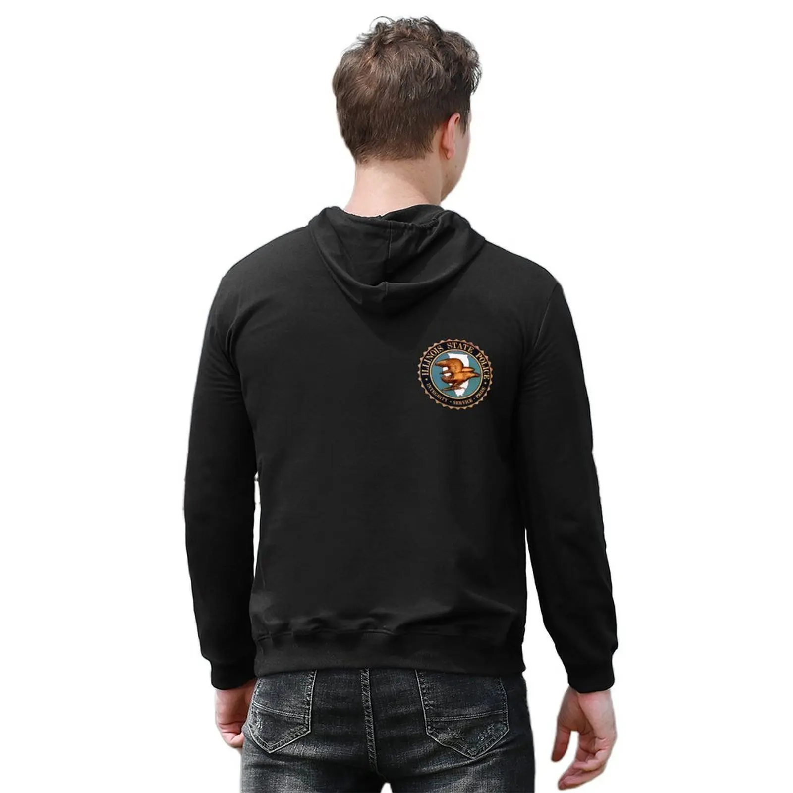 طقم تي شيرت رجالي بقلنسوة من شرطة ولاية إلينوي، ملابس خريفية للرجال، ملابس رياضية على الطراز الياباني