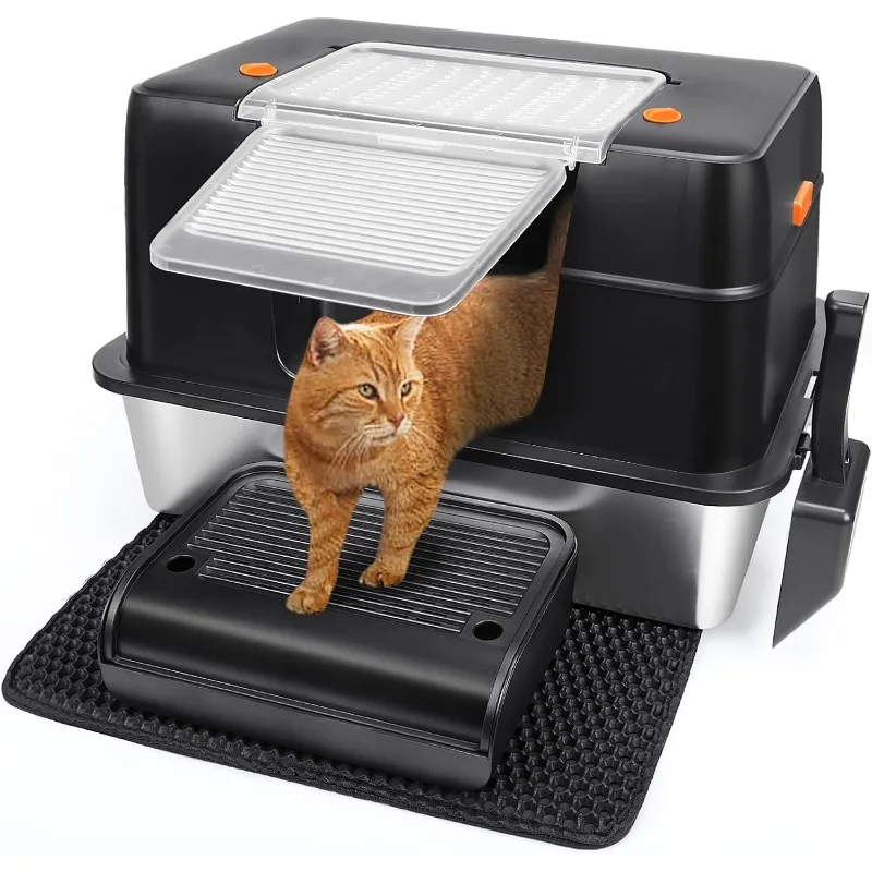 

Stainless Steel Litter Box, XL Side Entry Extra Large Litter Box with Lid for Big Cats & Kitty, Removable Enclosed Metal