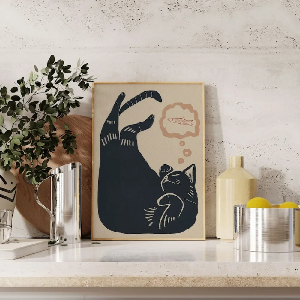 Cat Nap/Digital Download Wall Printing/Cute Cat Illustration/Japanese Linocut Cat Art/Canvas Poster for Living Room Wall Decor