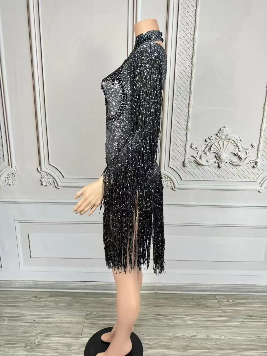 반짝 이는 검은 라인 석 긴 소매 프린지 바디 슈트 여성 섹시한 공연 댄스 의상 나이트 클럽 가수 댄서 무대 착용