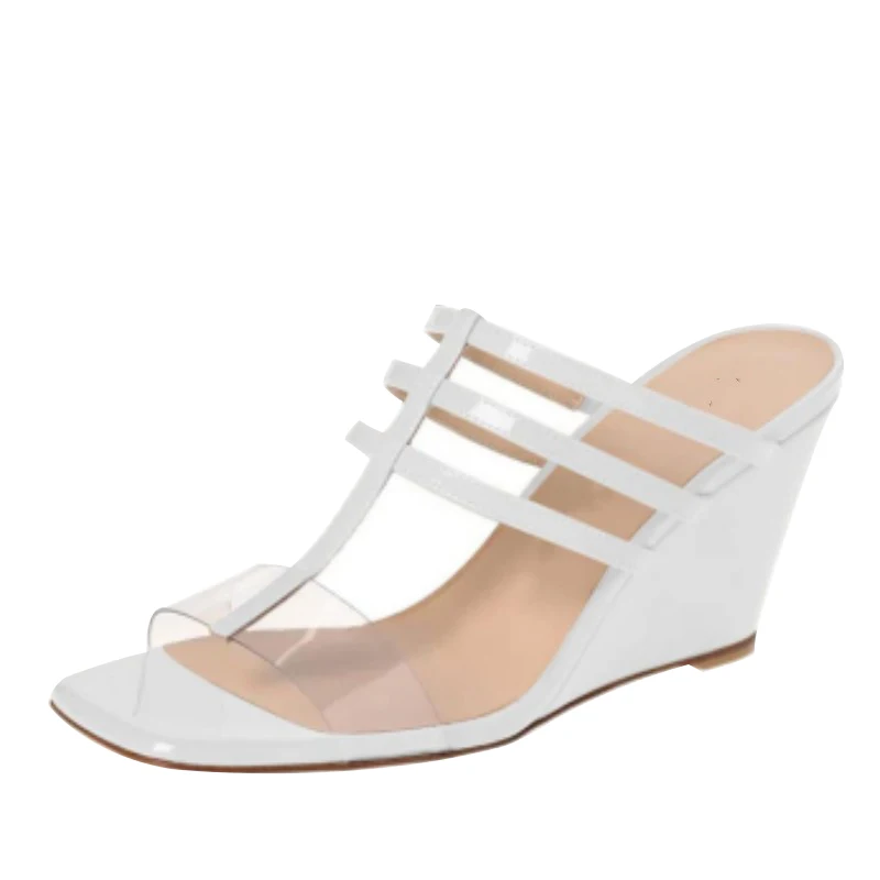 DIZHUANG Sexy women's high-heeled slippers. White leather slippers. About 10cm heel height. Wedges slippers. Summer shoes..34-46