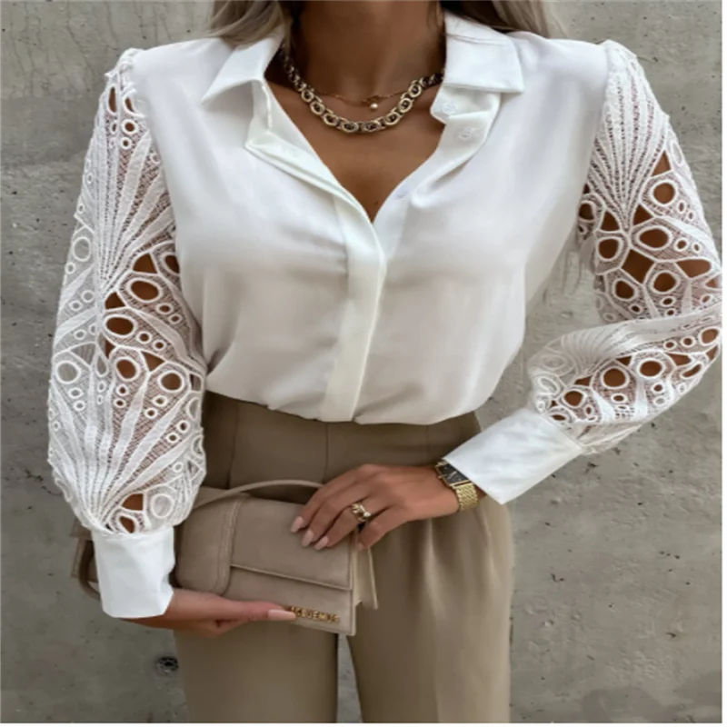 Ol Revers Witte Overhemden Elegante Woon-Werktops 2023 Mode Casual Blusas Vrouwen Uitgehold Zomer Kanten Blouses Met Lange Mouwen