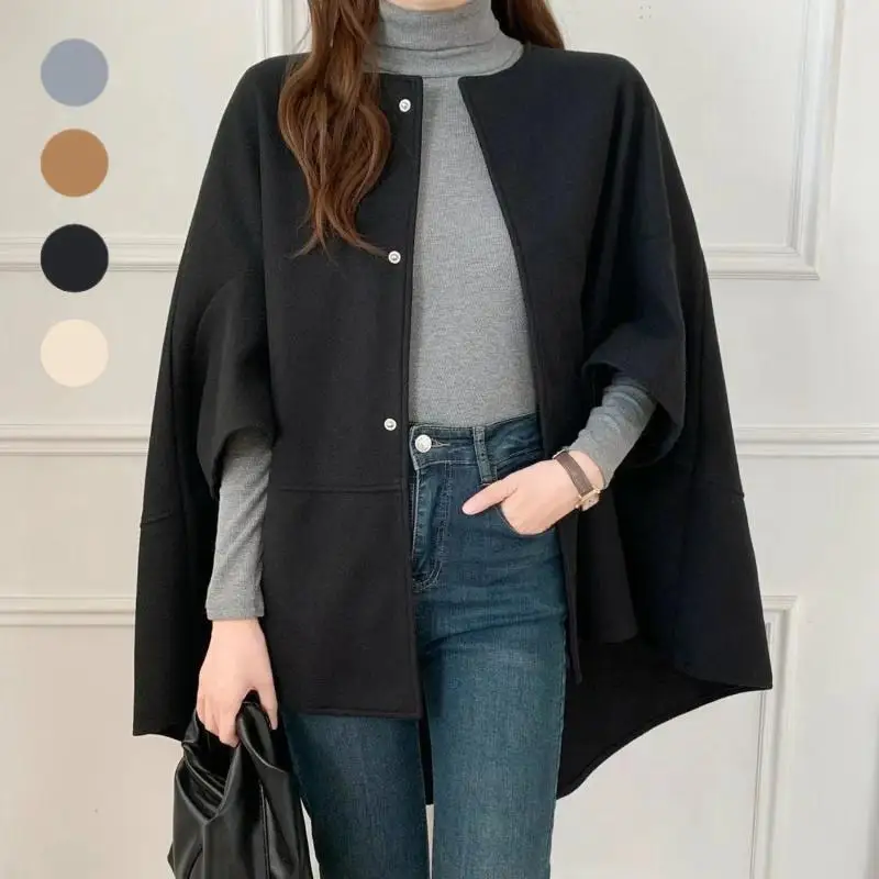 

2023 autumn and winter new coat women's cape cape design medium and long cardigan jacket plaid woolen coat 4 colors