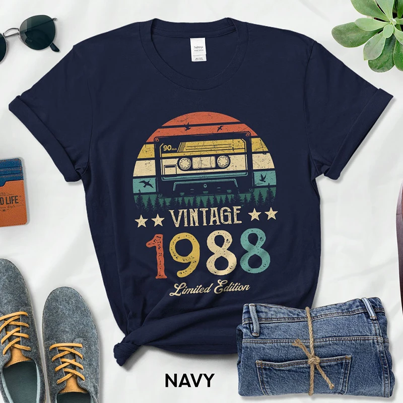 Camiseta Retro de Cassetes Feminina, Presente de Festa de Aniversário, Streetwear, Moda Vintage, Feito em 1988, 36 Anos, Feminina, Verão