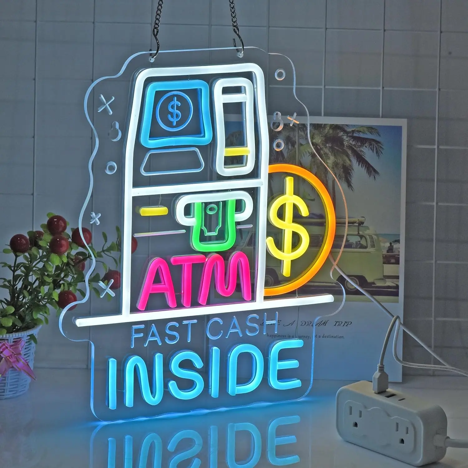 ATM Inside Neon Sign LED Hanging Neon Light Sign for Business Restaurant Retail Shop 24-Hour Store Gas Station Decor Dimmable