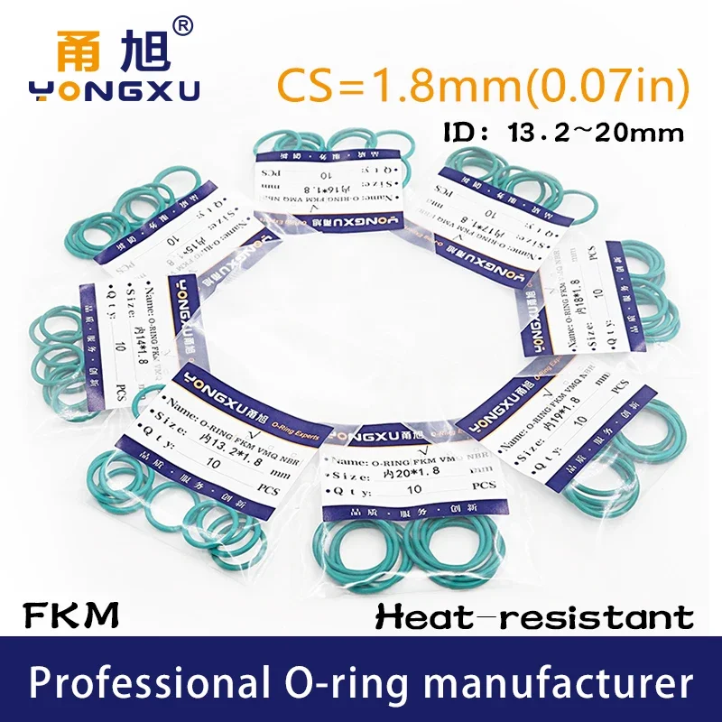 10PCS/lot Green FKM Rubber O-rings Seals CS1.8mm Thickness ID13.2/14/15/16/17/18/19/20*1.8mm O Rings Seal Gasket Washer