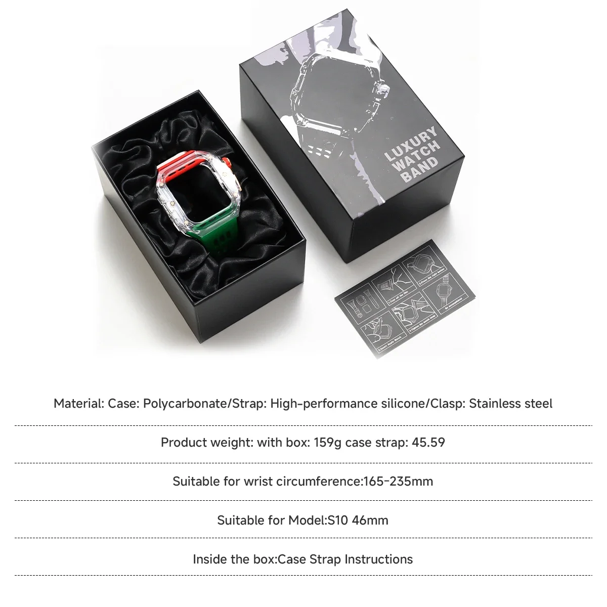 Transparent Case+Strap For Apple Watch Series 10 46MM Fluororubber Watch Band Modification Kit For iWatch S10 Butterfly Buckle