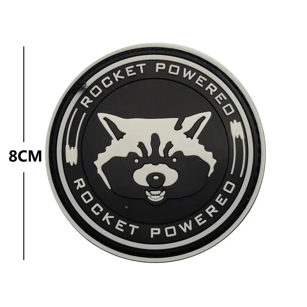 Rocket Powered Cartoon PVC Badge Luminous Raccoon Head Back Rubber Hook and Loop Tactical Patch for Backpack Clothing Stickers