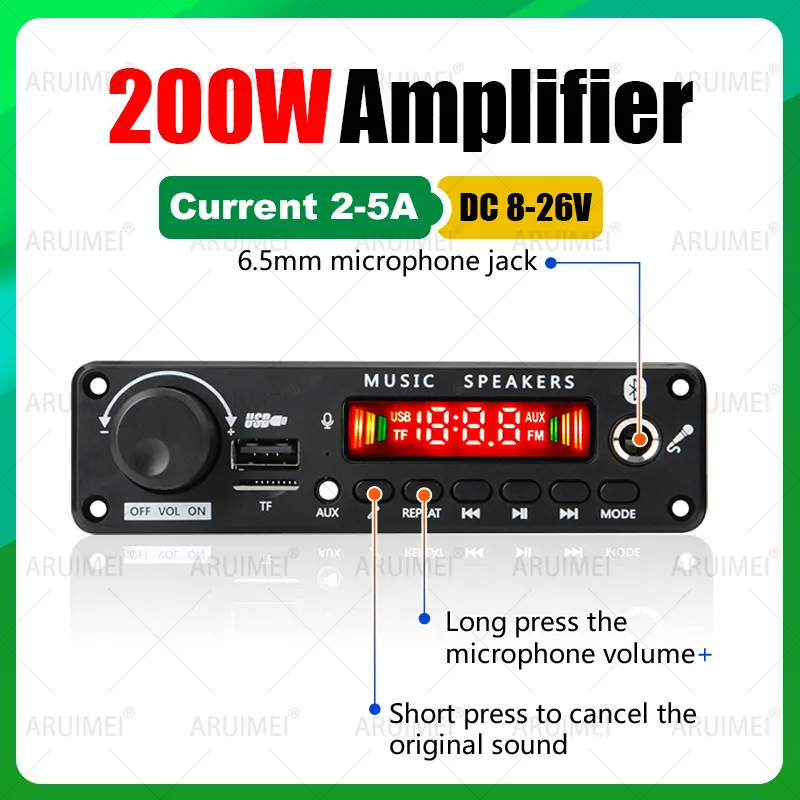 200 واط مكبر للصوت بلوتوث 5.0 MP3/APE/FLAC لوحة فك التشفير تيار مستمر 26 فولت-نظام صوت السيارة Hi-Fi مع USB/TF/FM وتسجيل المكالمات