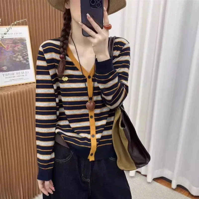 

Осенний новый свободный кардиган в тонкую полоску, свитер из смеси шерсти, универсальная мода