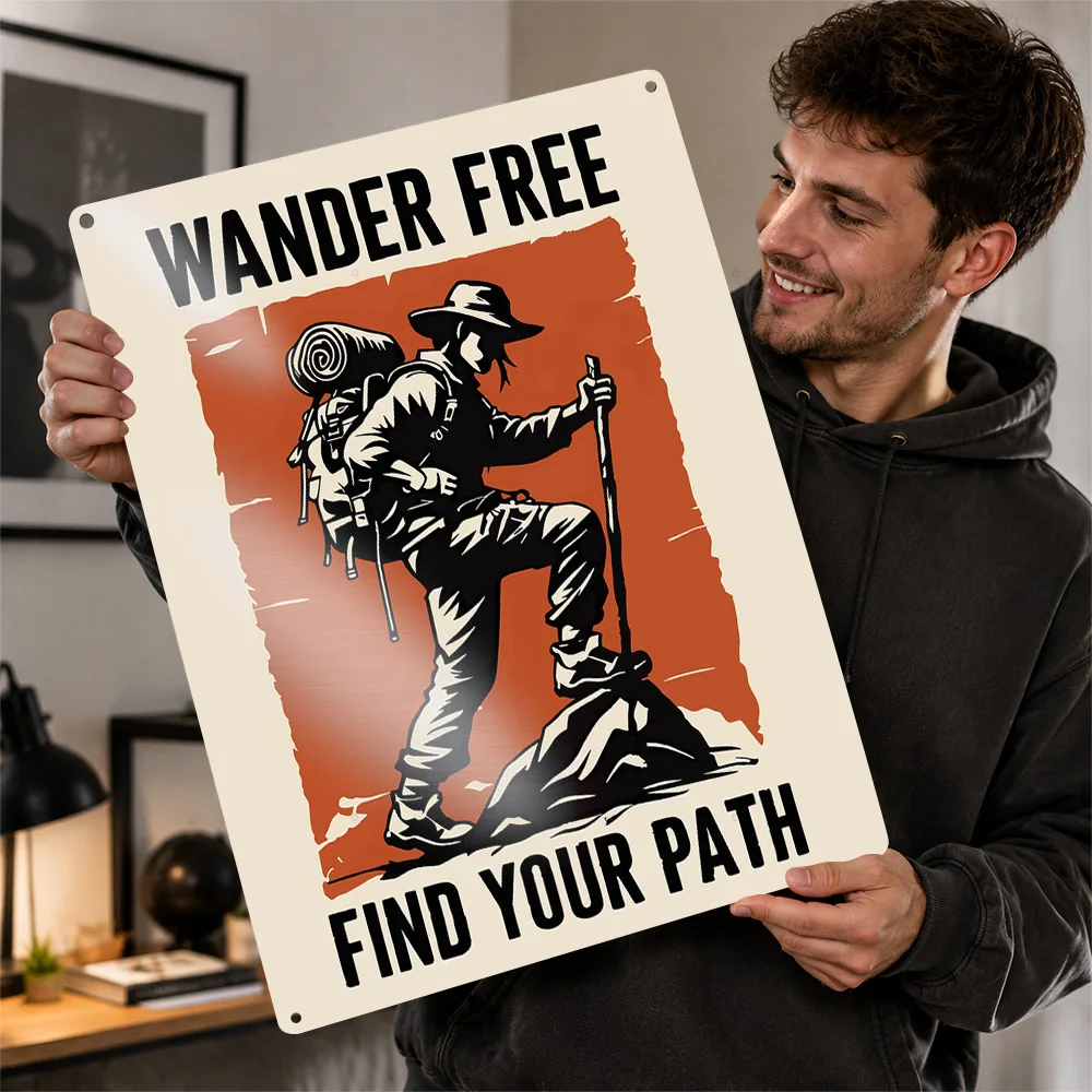 Wander Free Hiking Explorer Aluminum Poster Retro Graphic Wall Art For Living Room Personalized Metal Sign Traveler Gift Idea