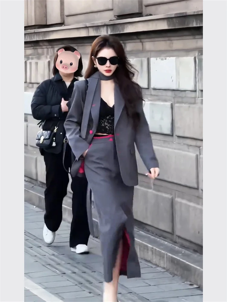 

Faionable Two-Piece Suit Set Women's Autumn Long Skirt And Blouse Set Sli Ele Look Polyester Long Sve Button up