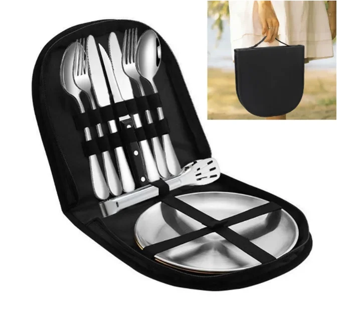 Stainless Steel Gold Dinnerware Sets Outdoor Camping Travel Knife Fork Spoon Portable Black Cutlery Organizer