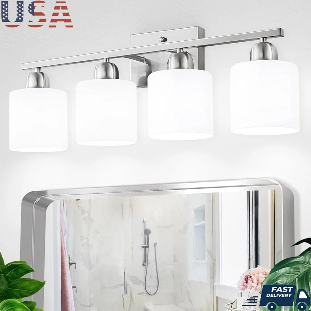

4 Light Brushed Nickel Bathroom Vanity Lights Fixtures with Milky White Frosted Glass Shade Upward Downward Mounting Wide