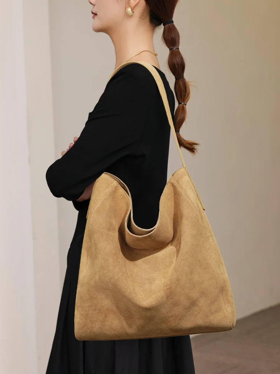 New suede velvet underarm tote bag for autumn and winter Simple large capacity first layer frosted cowhide handbag shoulder bag